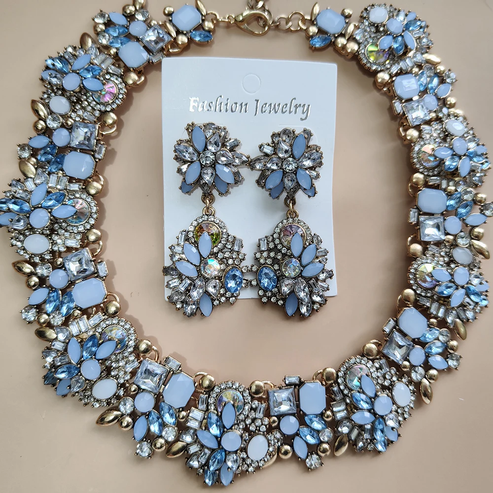 Women's Vintage Statement Earrings & Crystal Rhinestone Choker Set