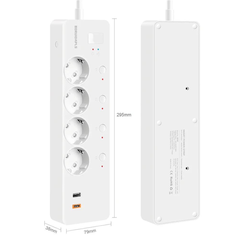BORUIDAPLS EU WiFi Smart Power Strip Tuya Alexa Remote Voice Independent Control USB-A+Type-C Power Savev Metering Smart Socket