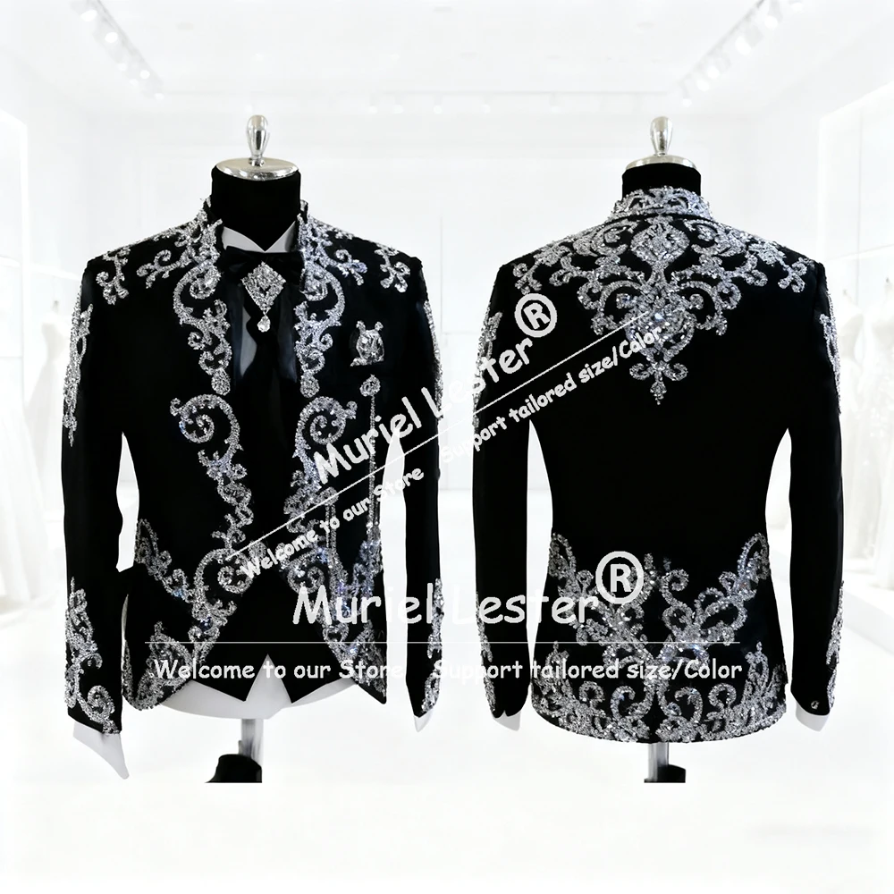 

Сверкающие костюмы с кристаллами из бисера, мужской комплект из 3 предметов, однобортный пиджак для выпускного вечера, индивидуальные свадебные смокинги для жениха, trajes para hombre