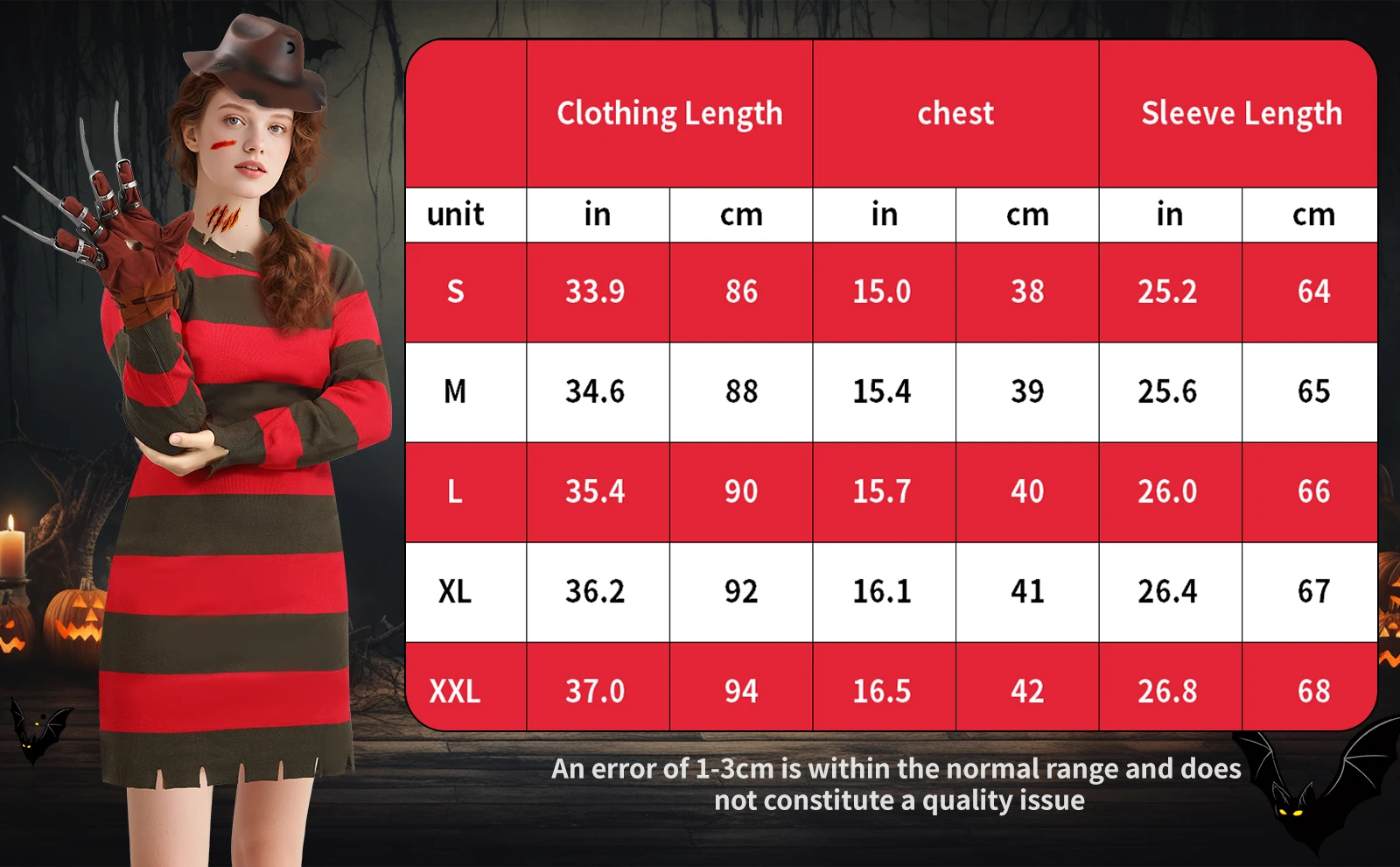 4Pcs Freddy Krueger Costume Women Halloween Nightmare Killer Knitted Dress Hat Gloves Scar Stickers Carnival Costume - Image 6