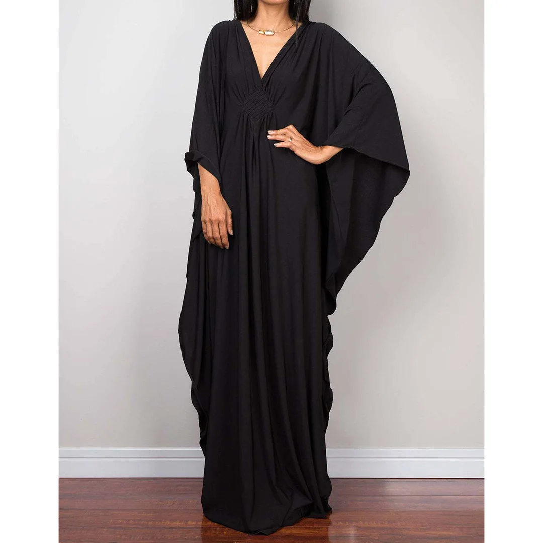 Langes Kleid im Stil einer griechischen Göttin, Tunika mit Fledermausärmeln, Strandkleid, Strandtuch, Strandmode, Kaftan, Maxikleid V4427 – Detail 15