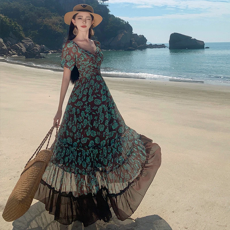 Beach Vaion Stampa floreale Lunga Dr Gonna etnica a vita alta da donna in fibra di poliestere Abito V-ne H-pe