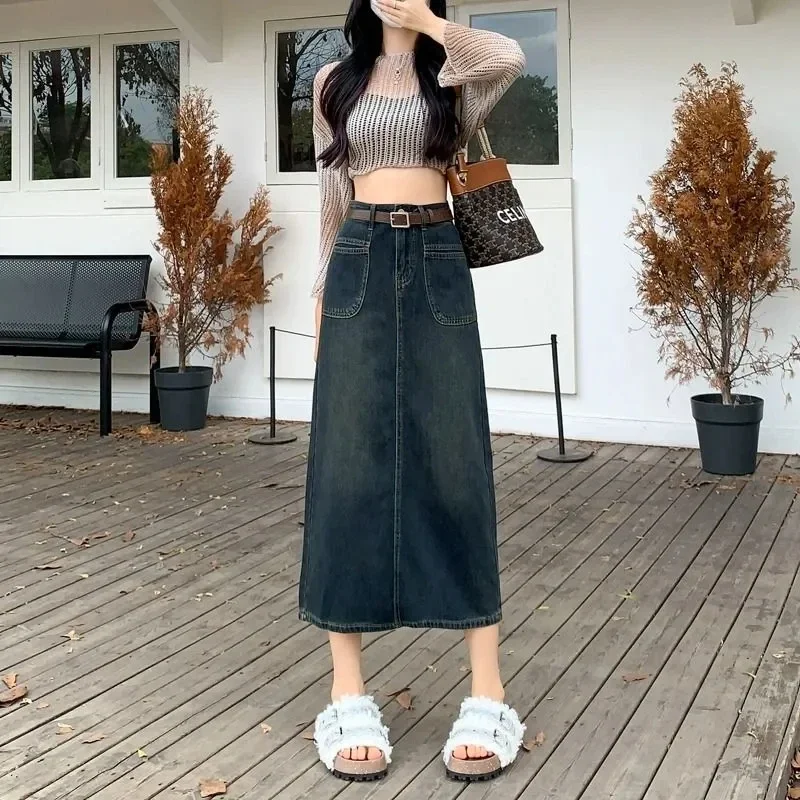 

Korean Style Jean Long Skirt Women Fashion with Belt High Waist Split Straight Demin Skirt Woman All-Match Pockets Midi Faldas