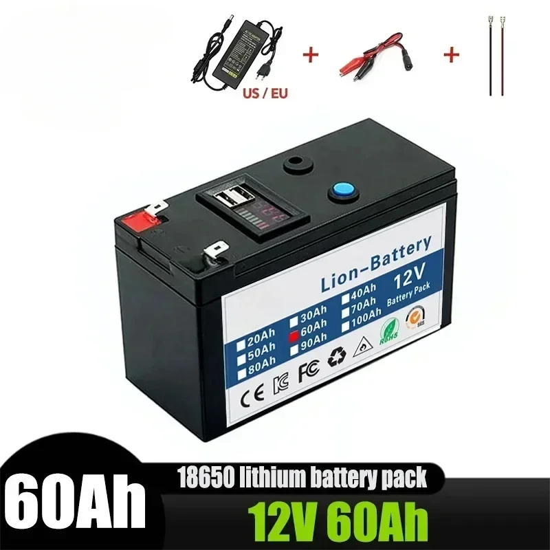 12V 60Ah Portable Rechargeable Battery LiFePO4 Lithium Battery Built-in 5V 2.1A Usb Power Display Port Charging