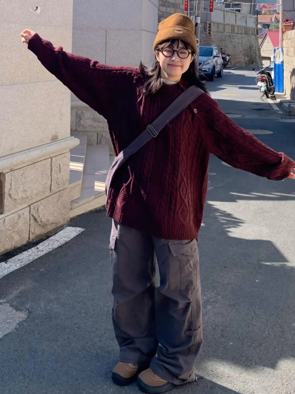 Cappotto maglione lavorato a maglia intrecciato rosso vino giapponese retrò Cappotto sciolto pigro Sle caldo sopra la testa per uomo e donna Autunno Inverno