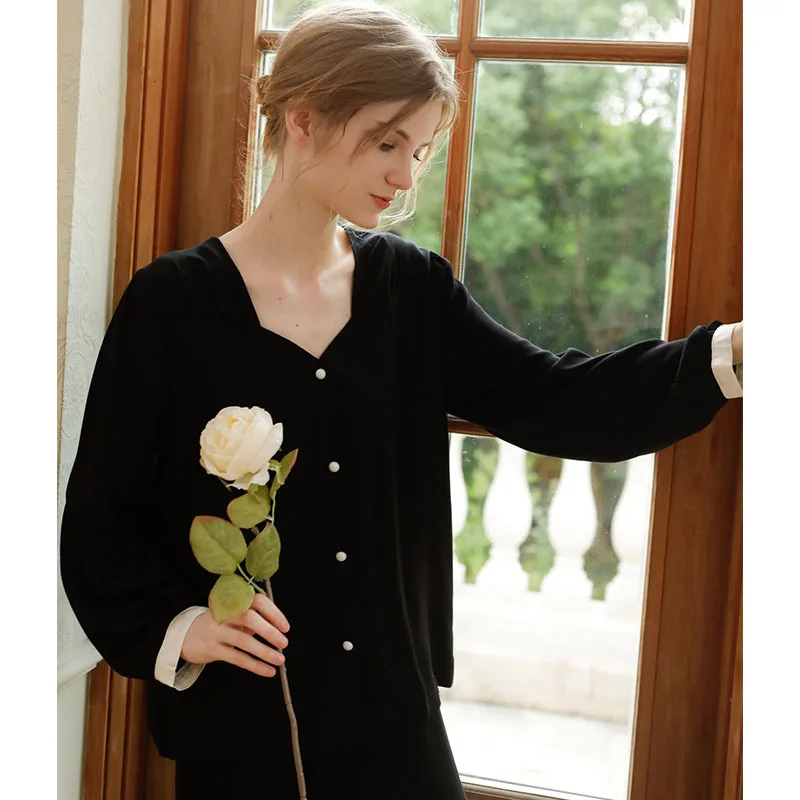 

Autumn 2023 Pajamas Women's Slim Satin Collarless French Solid Color Long Sleeve Pijama Mujer Viscose Black Sleepwear 2 Piece