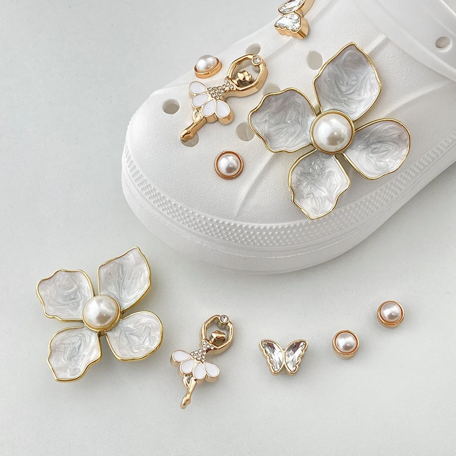 1 set 3D White Golden Flower Pearl Butterfly Fairy Charms Pins Shoe Decoration Suitable For CROCS Clogs