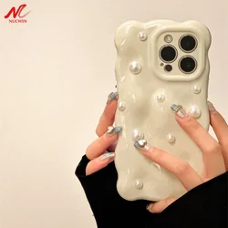 Luxury 3D Pearl Wavy Phone Case for iPhone 16 15 14 Pro Max 15Pro Shockproof Soft Silicone Ins Cover for iPhone 11 12 13 Pro Max