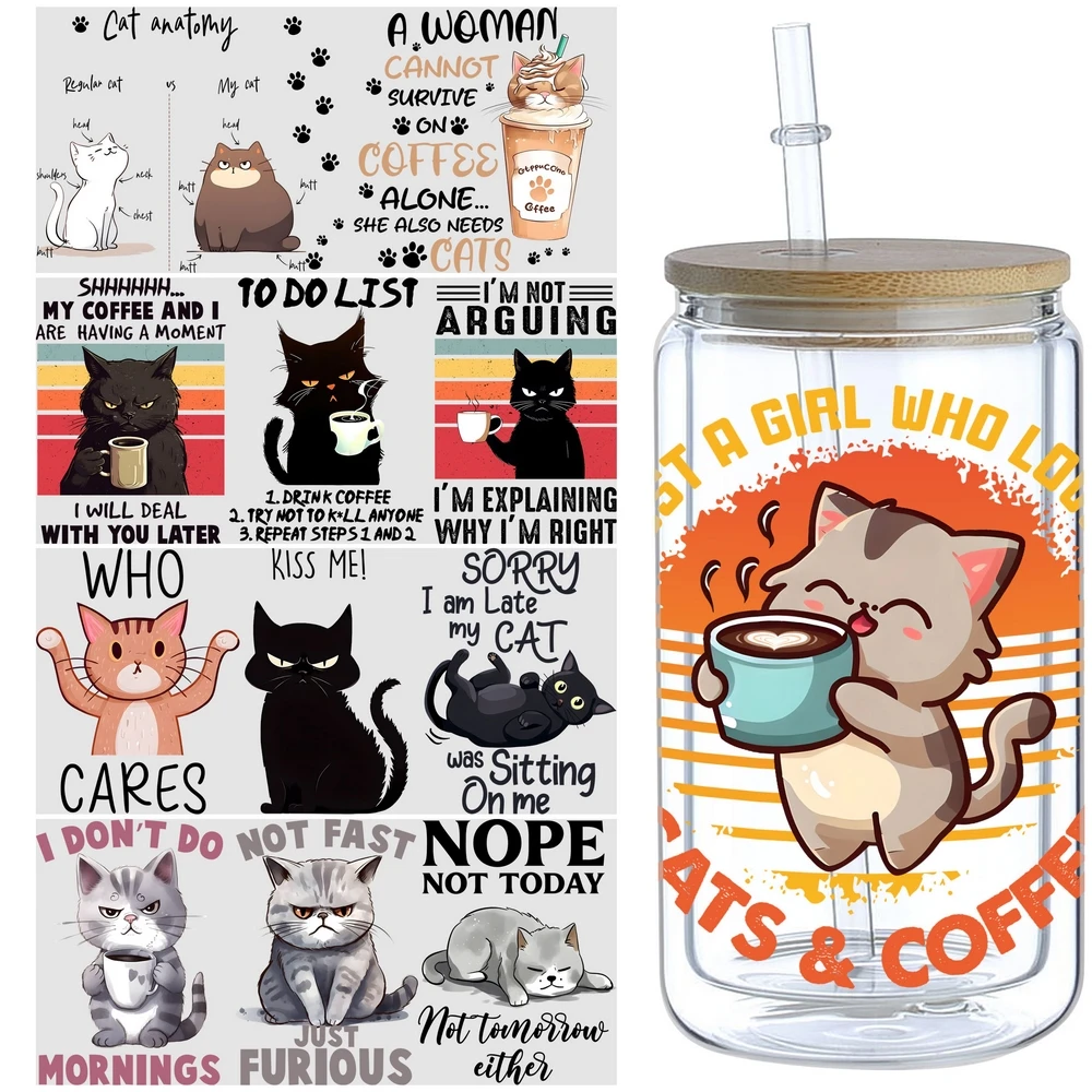 5sheets Cat Pattern UV DTF Cup Stickers, Waterproof Sticker Pack For Decorating Mugs, Cups, Bottles, School Supplies, Etc, Arts