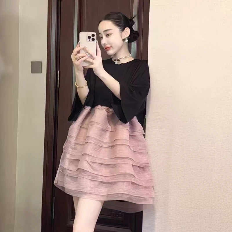 2025 Summer New Elegant Women Loose Mesh T-shirts Short Dresses Female Short Sleeve Dress Wholesale J2004