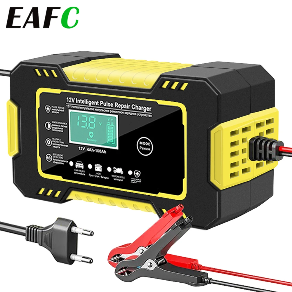 EAFC Full Automatic Car Battery Charger 12V Digital Display Battery Charger Power Puls Repair Chargers Wet Dry Lead Acid