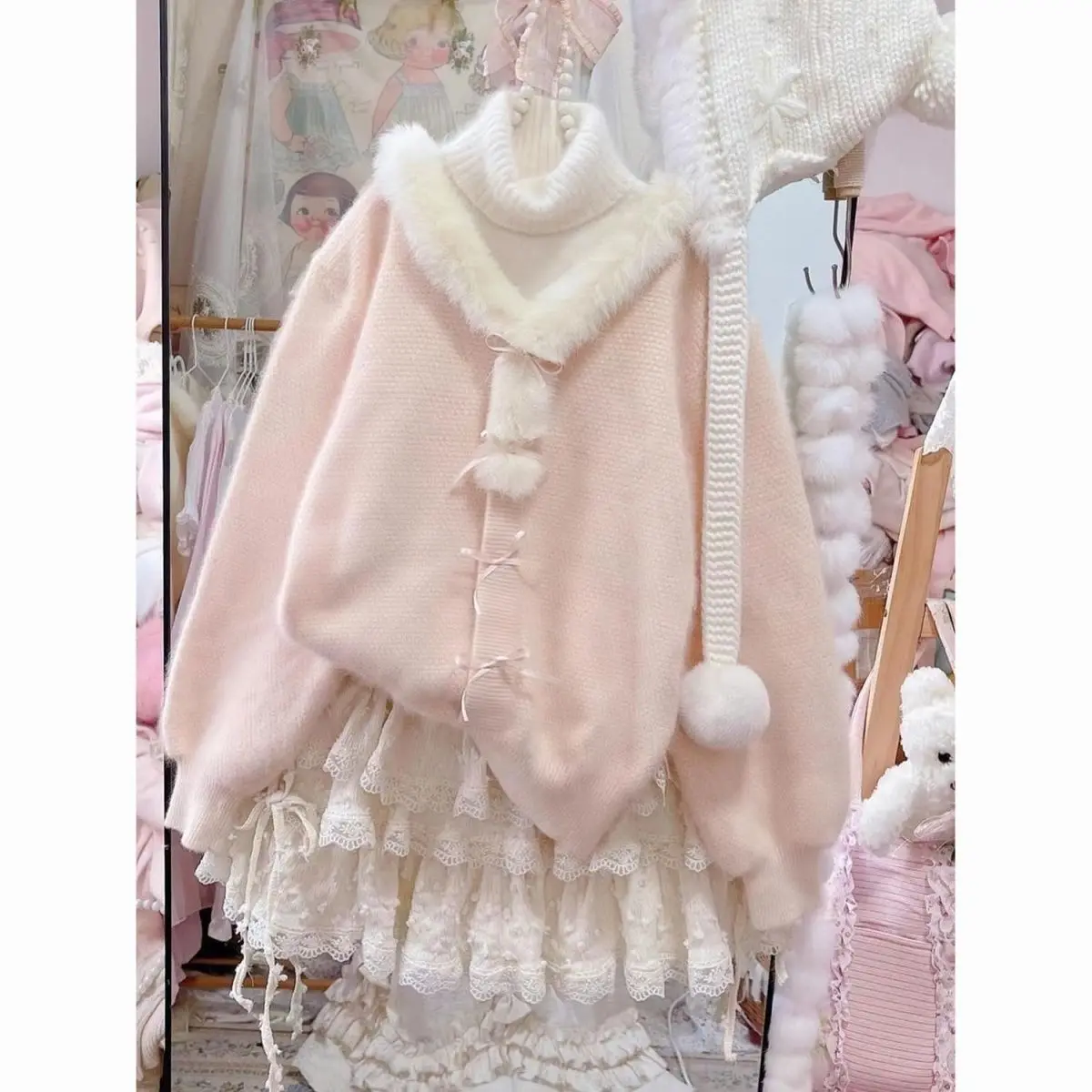 

Японский вязаный нежный искусственный кардиган с меховым воротником, свободный сладкий розовый свитер, топ, новый свитер, куртка