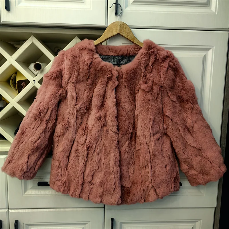 Cappotto in vera pelliccia di coniglio Donna Moda di lusso Maniche a 3/4 Giacca autunno inverno Pelle intera 2025 Pelliccia naturale femminile