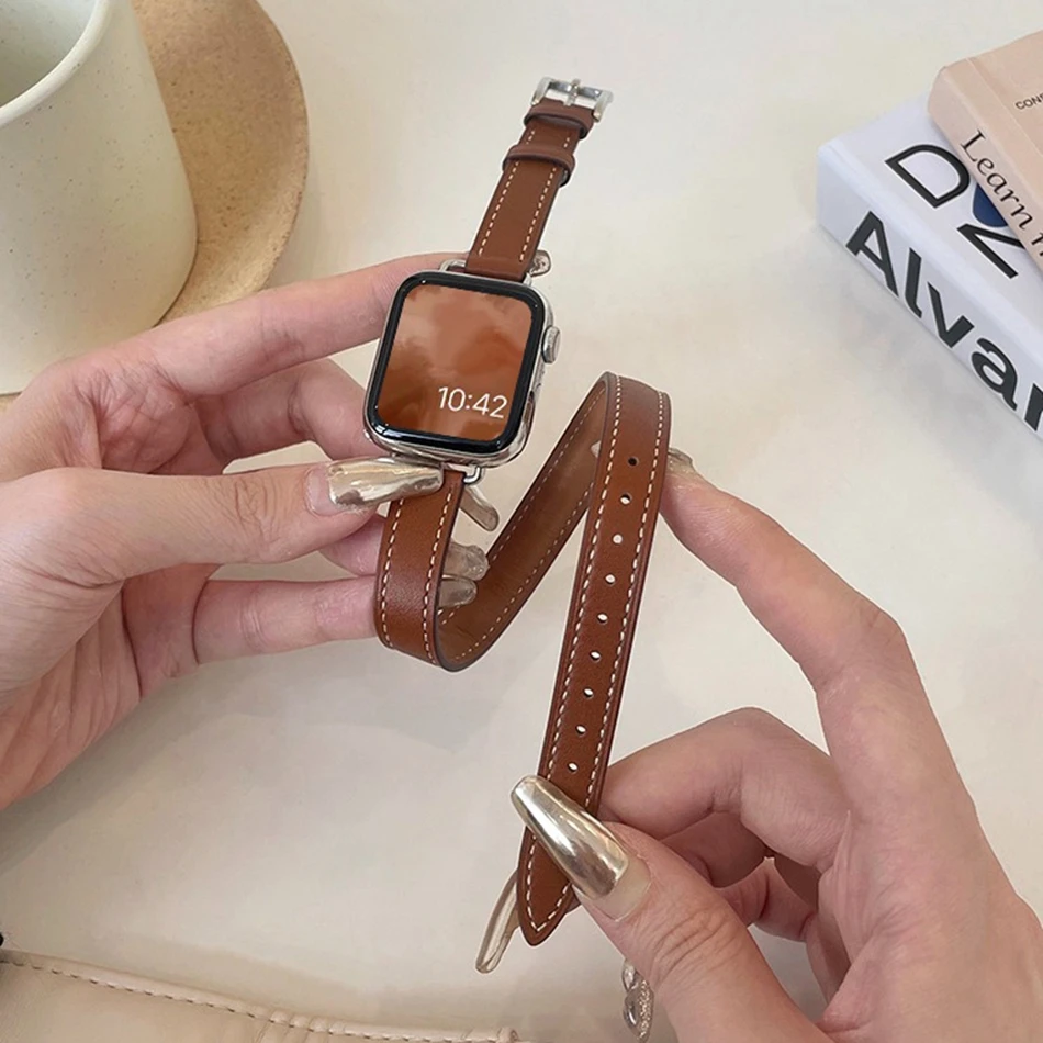 Genuine Leather Strap For Apple Watch Series 11 10 9 8 7 6 SE 5 4 UItra 3 iWatch 49/46/45/44/42/41/40/38mm Double-loop Bracelet