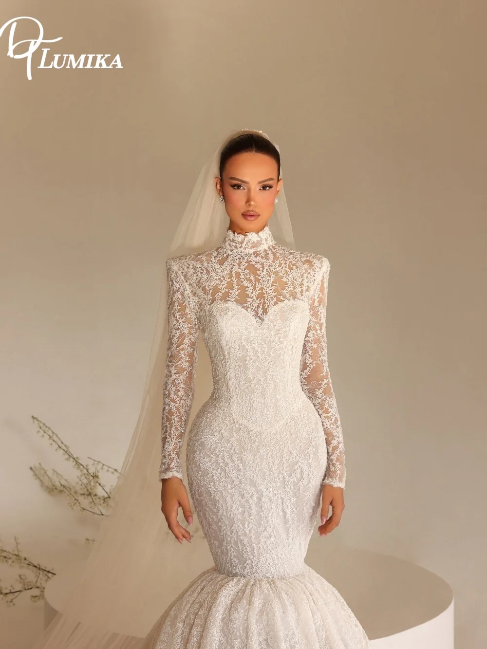 

High End Lace Long Sleeve High Neck Mermaid Wedding Dress Sparkling Beading Customized Bridal Gown For Wedding Vestido De Novia