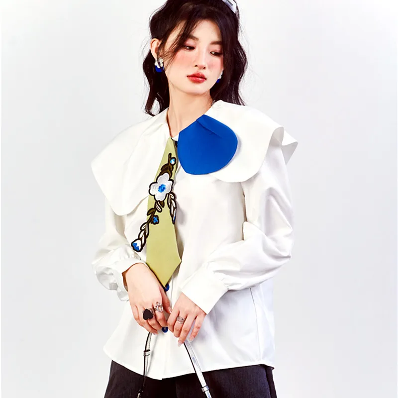 Cute Long Sleeve Blouse Women Floral Embroidery Ties Shirts Loose Big Collar Spliced Patchwork Blouse Blousa Big Shirts NZ219