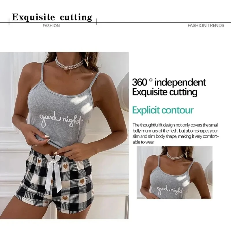 Damen-Pyjama, Sommer, sexy Camisole-Set, Damen-Pyjama-Set mit bedrucktem Buchstaben-Oberteil, gepaart mit karierten bedruckten Shorts, Heim-Pyjama-Set – Detail 4