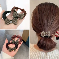 Fashion Luxury Rhinestone Bowknot Hair Rope Solid Color Vintage Bow Hairband for Women Girls Ponytail Bun Scrunchies Accessories