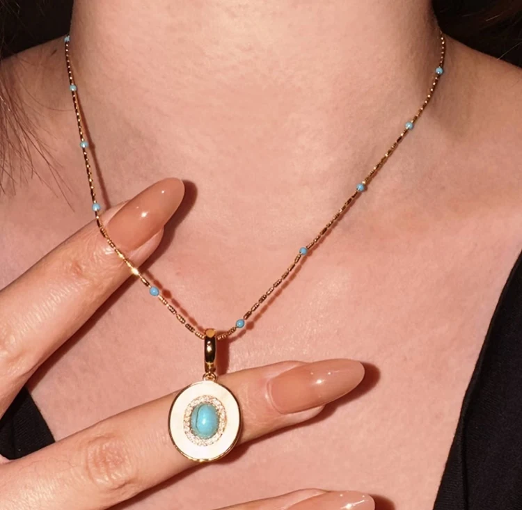 Natürliche Türkis Oval Shell Anhänger Gold Farbe Kette Halskette Sexy Schlüsselbein Kette Trendy Schmuck Zubehör Für Frauen 2023 – Detail 11