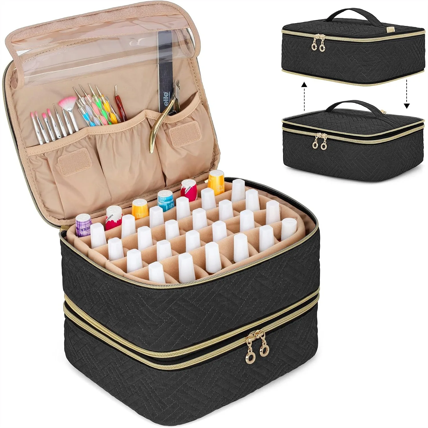 

Detachable 2-Layer Nail Polish Organizer Holds 60 Bottles with Tools Storage Pockets, Portable Travel Case