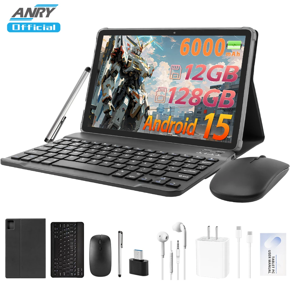Tableta ANRY 2025, tableta Android 15 de 10,1 pulgadas con lápiz óptico para teclado y ratón, tabletas expandibles de 12GB + 128GB + 1TB, 8 núcleos, batería de 6000mAh