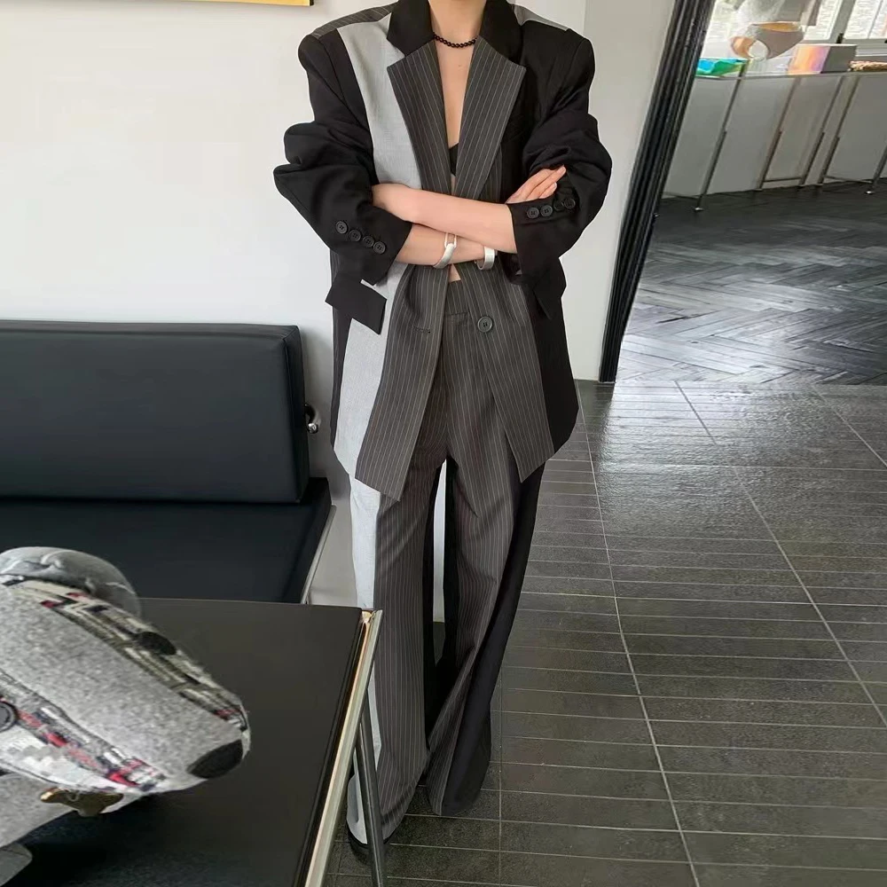 Calças de perna larga elegantes mulheres senhora do escritório formal negócios blazers calças retas listrado três cores costura retalhos folga