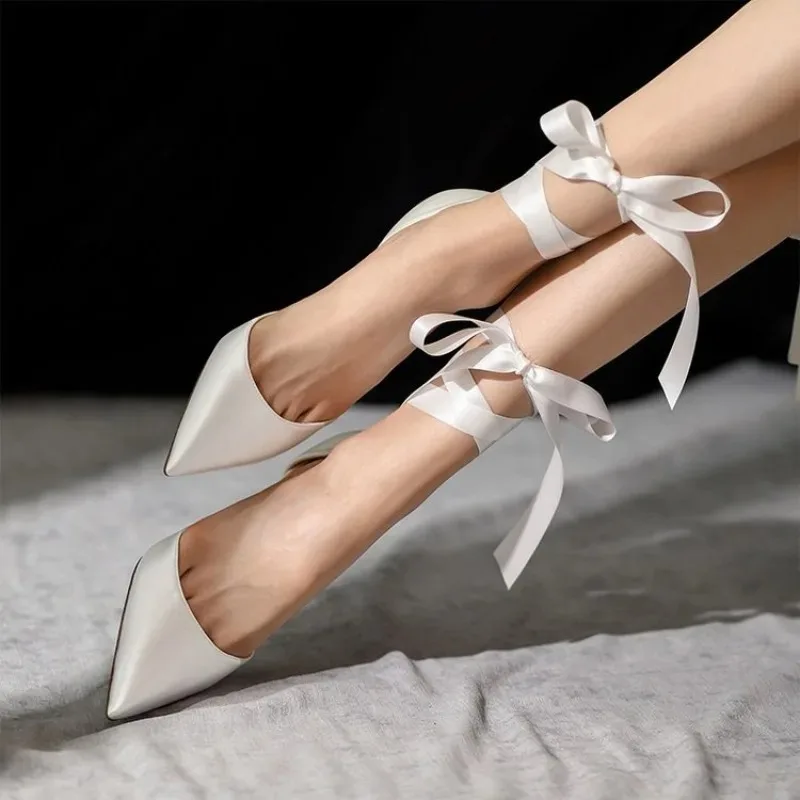 High Heels Women's Summer New Elegant Goddess Style Crossed Strap Pointed Toe Roman Sandals Thin Heel Silk Surface
