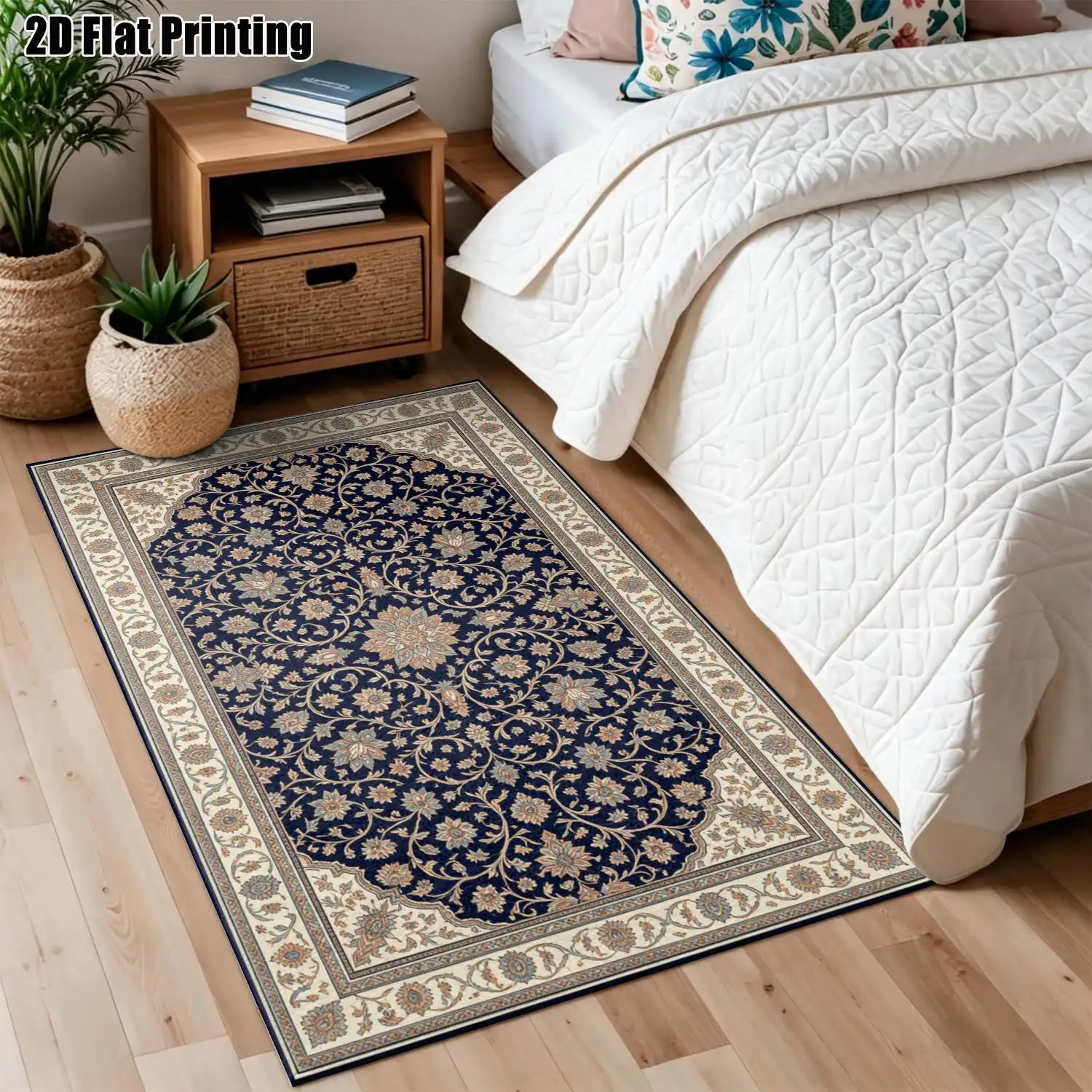1Pc 2D Printed Dark Blue Floral Scroll Carpet: Vintage European/Bohemian Geometric Rug, Machine Washable, Multi-Size Home Decor for Living Room, Bedroom, Dining Room, Entryway, Study