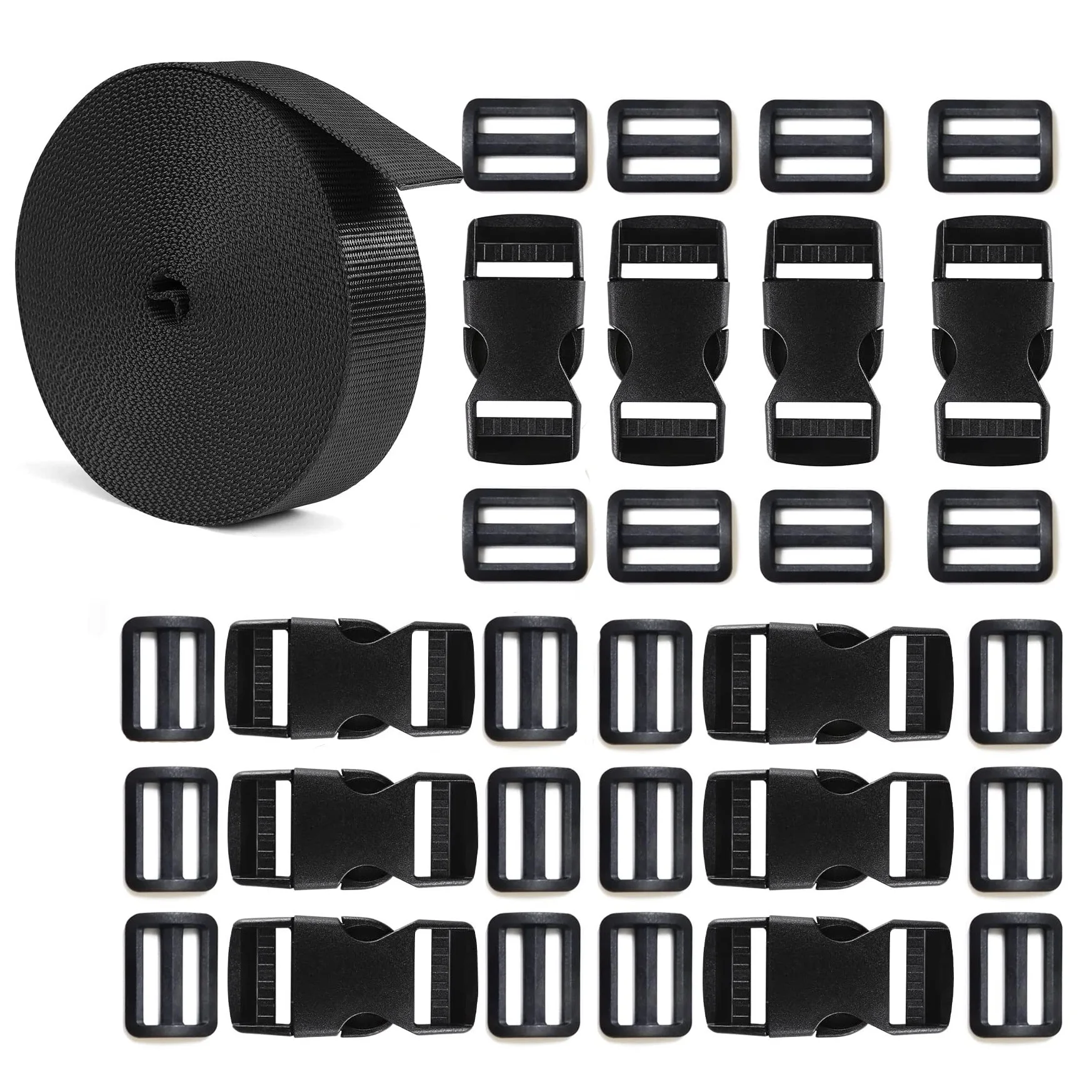 مجموعة حزام بإبزيم مقاس 1 بوصة: حزام نايلون سميك بطول 10 ياردات، 10 مجموعات من أبازيم بلاستيكية سريعة الإصدار، 20 مشبك منزلق ثلاثي الإنزلاق #1