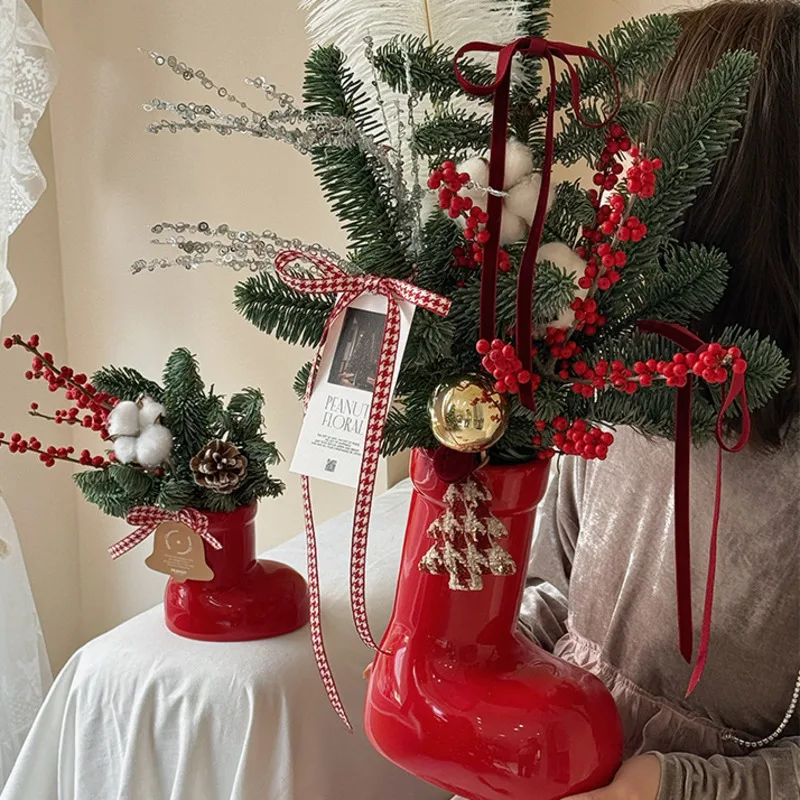 Christmas Red Boots Vase Creative Red Shoes Christmas Ceramic Flower Vase Flower Arrangement Desktop Ornaments Home Xmas Decor