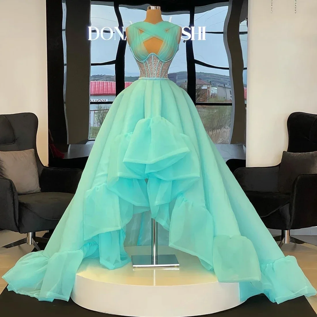 Turquoise Prom Dresses Haute Couture Halter High Low Saudi Arabia Dubai Robe De Soiree Evening Dress Gown Customized
