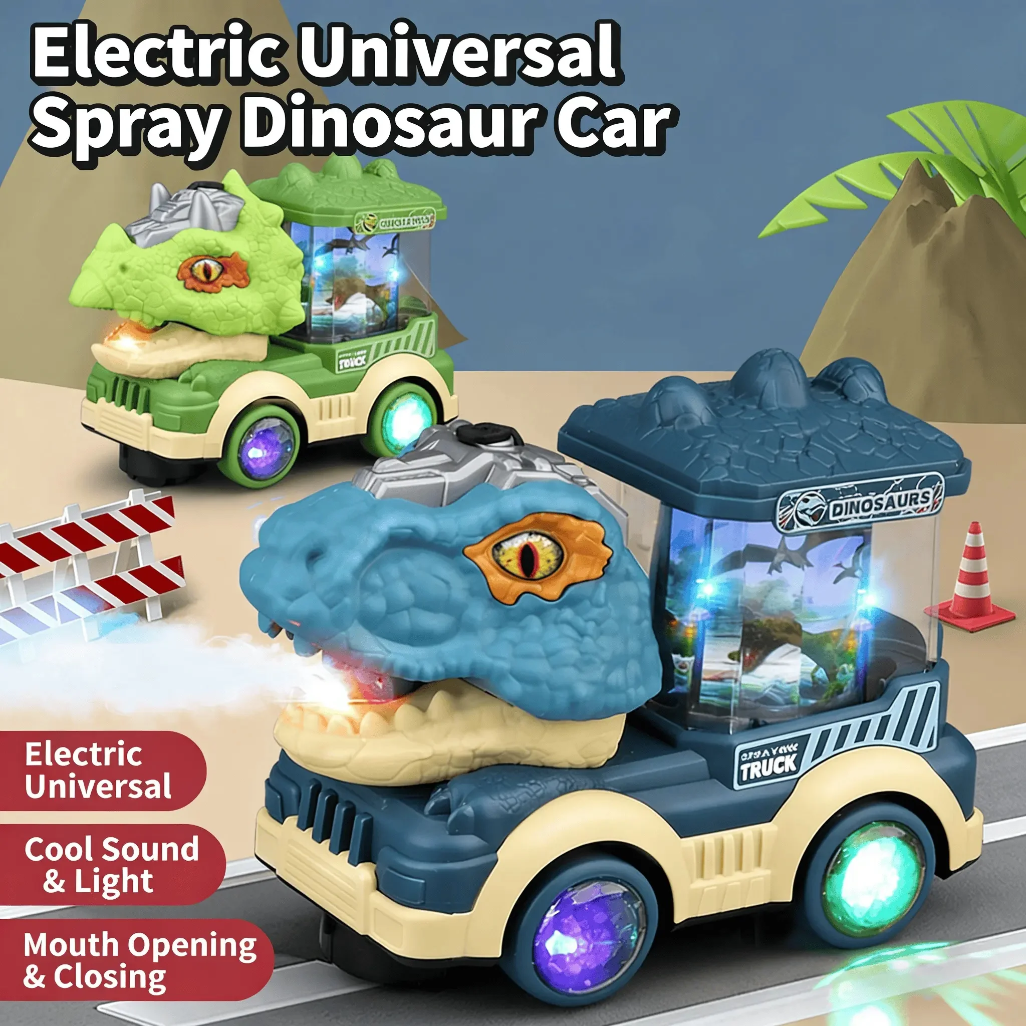 Kids Electric Steam Spray Train with Crash Truck 360 Degree Rotating Lights Music Smoke Sounds Simulation Model Toy for Children