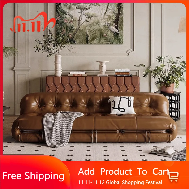 

French Retro Leather Sofa High Quality Adult Living Room Straight Row Sofas Designer Gaming Unusual Sillon Cama Home Furniture