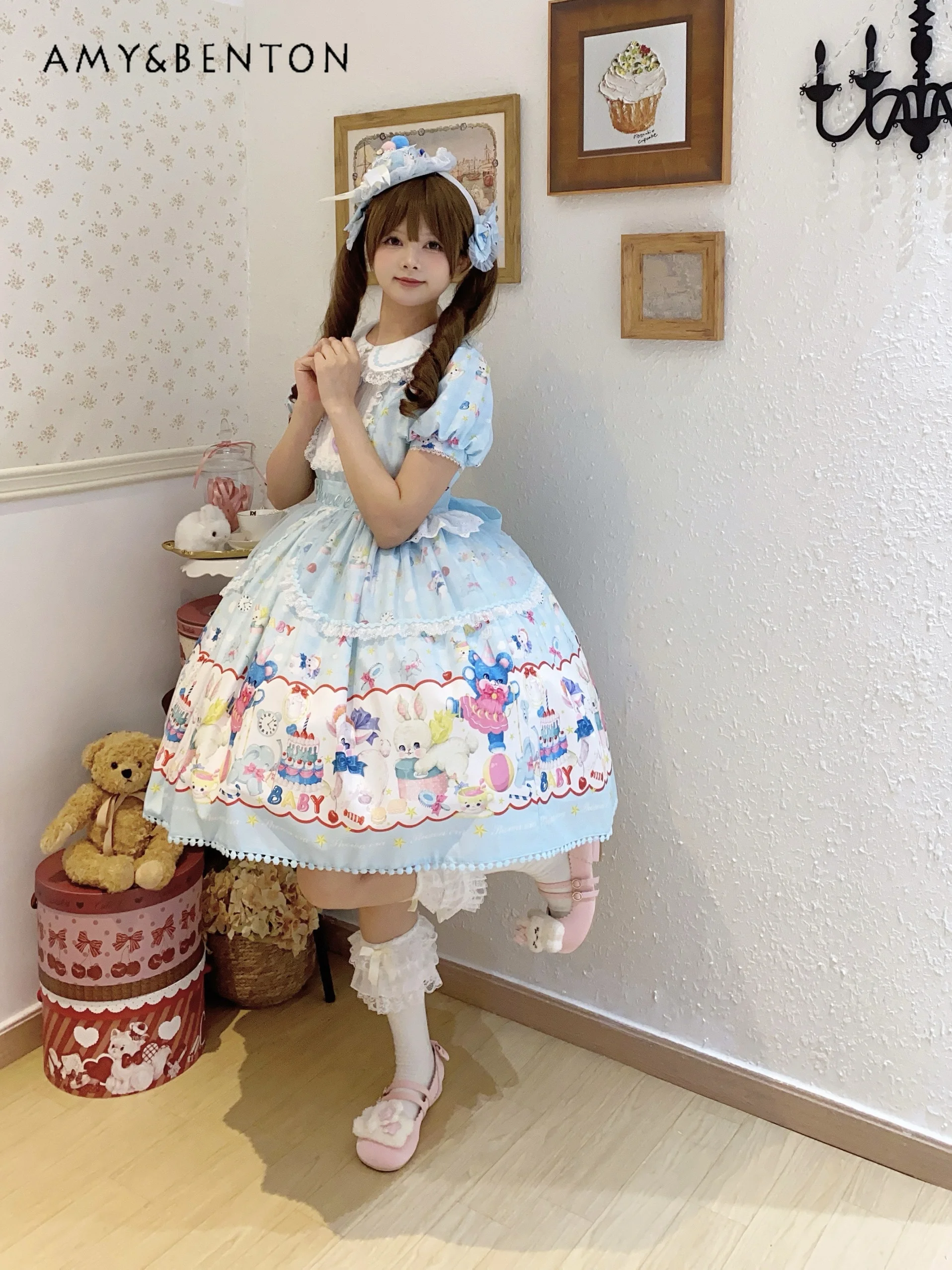 Cartoon Print Kawaii Lolita Kleid Geburtstagskleid für Frauen Mädchen Stil Spitze Puppenkragen Puffärmel Schlanke Puffy Abendkleider