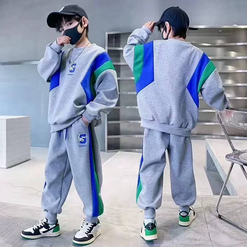 2026 Spring Autumn 4-14 Years Boys Sports 2-Piece Outfit Letter Towel Embroidery Sweatshirt Kids Stylish Color Blocking Suit