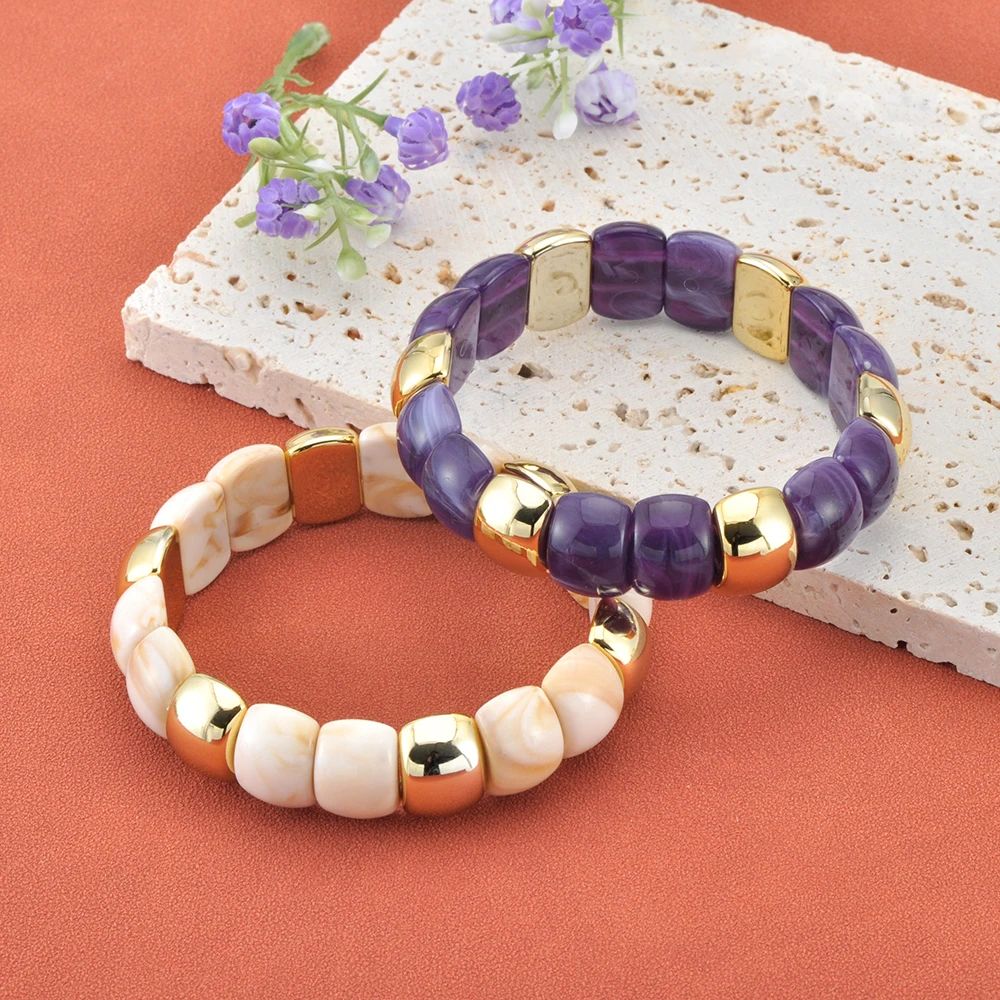 JeeMango Trendy Gold Color Acrylic Beaded Bracelets for Women Retro Resin Curved Beads Elastic Stackable Bangle Jewelry B25212