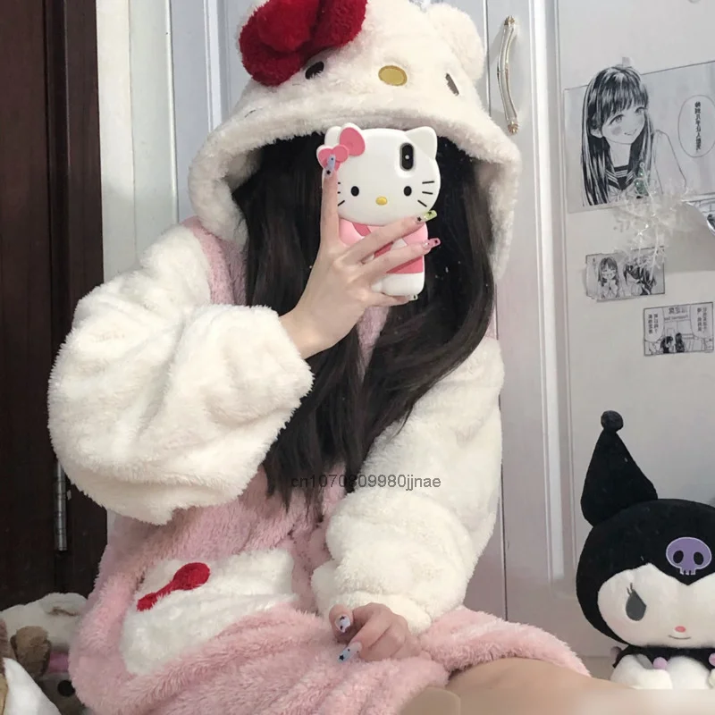 Sanrio Hello Kitty Plush Pajamas Y2k Girl Winter Cute Clothes Nightgown Thicked Soft Robe Women Coral Skirt Warm Home Coat