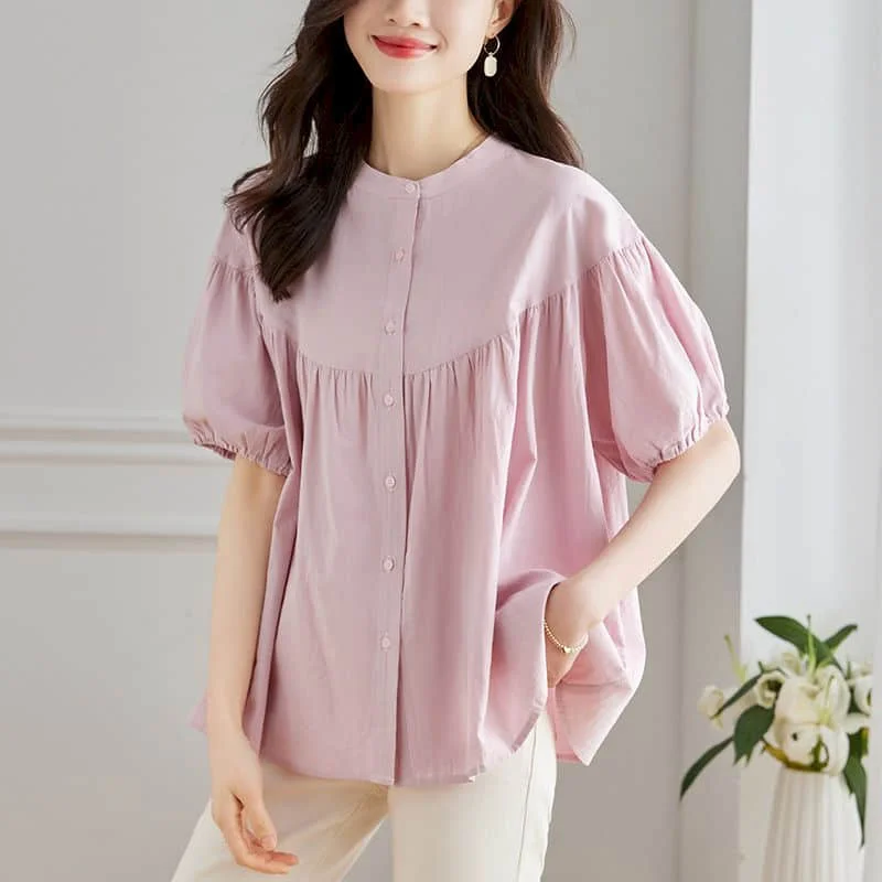 

100% Cotton Shirts for Women Vintage Half Sleeve Solid Cardigans Casual Single Breasted Korean Style One-piece Blouse Women Tops