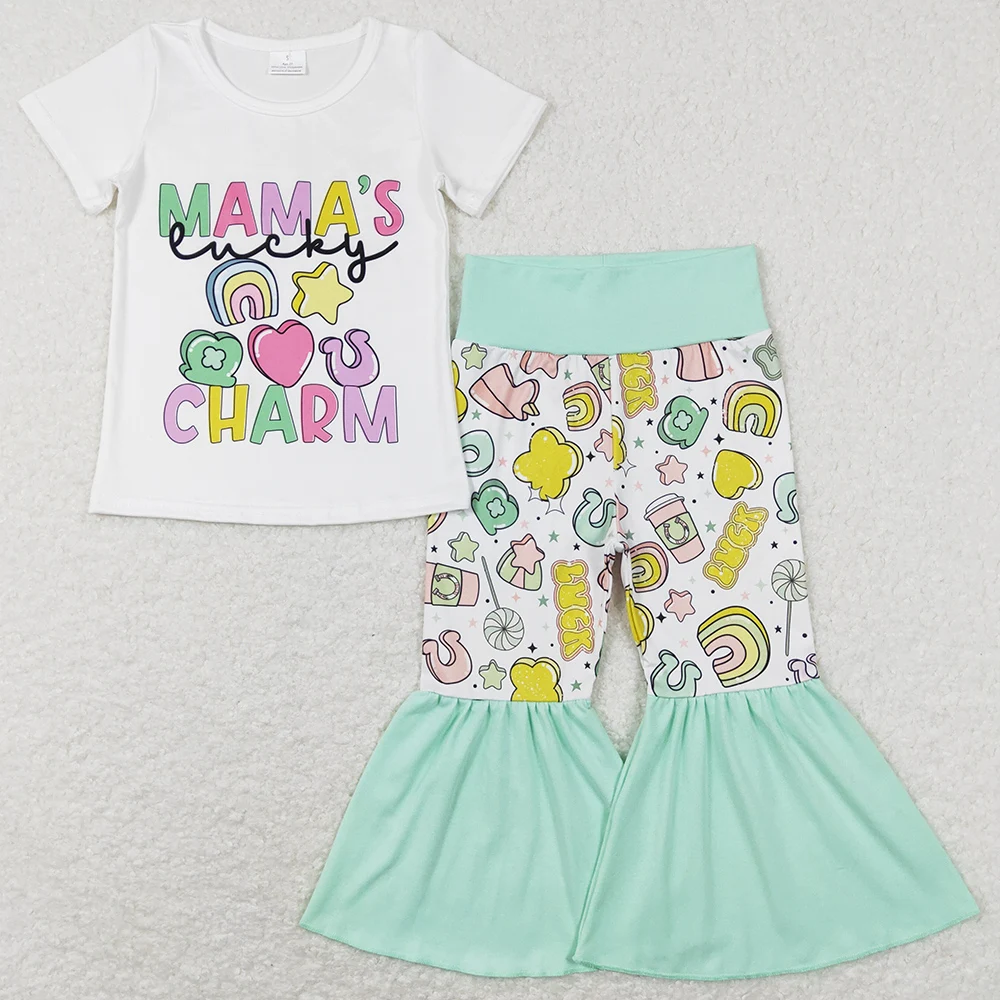 Hot Sale Girls Boutique Clothing St. Patrick's Day Outfits Lucky Fashion Kids Designer Clothes Girls Short Sleeve Bell Pants Set