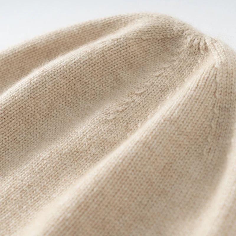 New Winter Pure Cashmere Knitted Cuffed Hooded Hat Warm Cozy Overhead Cap with Fold-Down Brim for Men Women