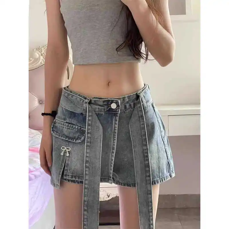 

Fashion Irregular Spice Girl Split Denim Shorts Skirt 2026 Summer New Design Strap High Waist Skinny Skirt