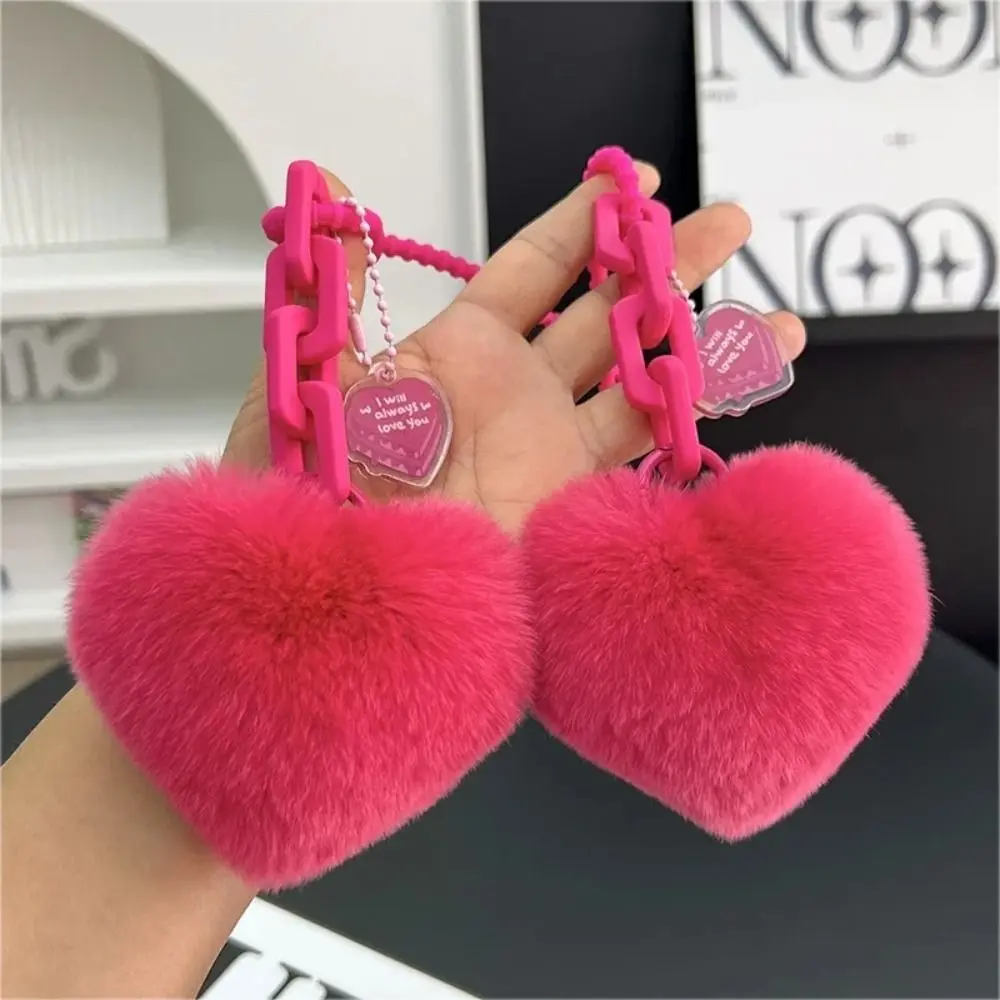 Plush Keychain Natural Fur Heart Charm Keychain Creative Plush Toy Keychain Cute Silicone Women Girl Bag Pendant Girl Friend