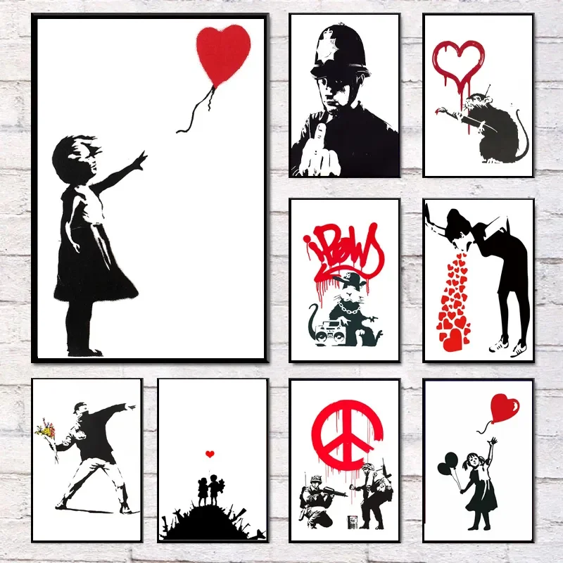 Fille et ballon rouge Banksy Art personnages nordiques toile peinture murale affiche salon chambre Bar décoration de la maison