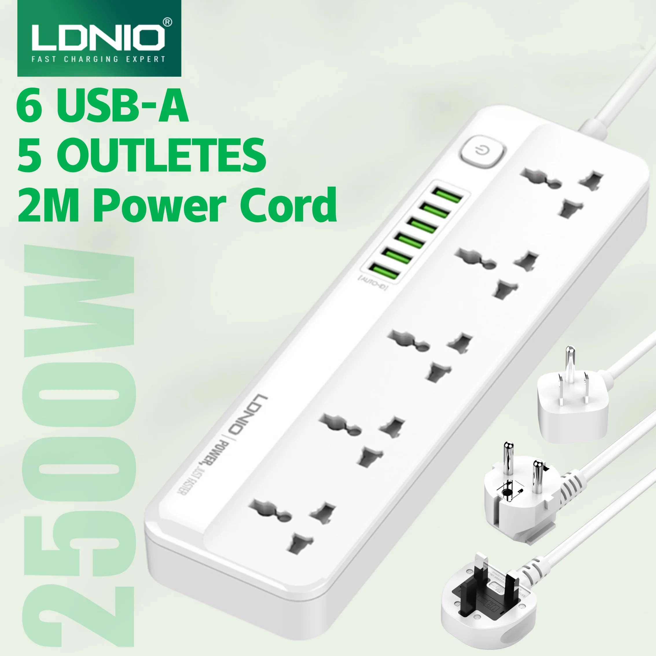 

Вилка стандарта ЕС, Великобритании, США, универсальные розетки переменного тока, многоразъемная розетка, удлинитель 2 м с USB A, сетевой фильтр для защиты от перенапряжения для домашнего офиса LDNIO