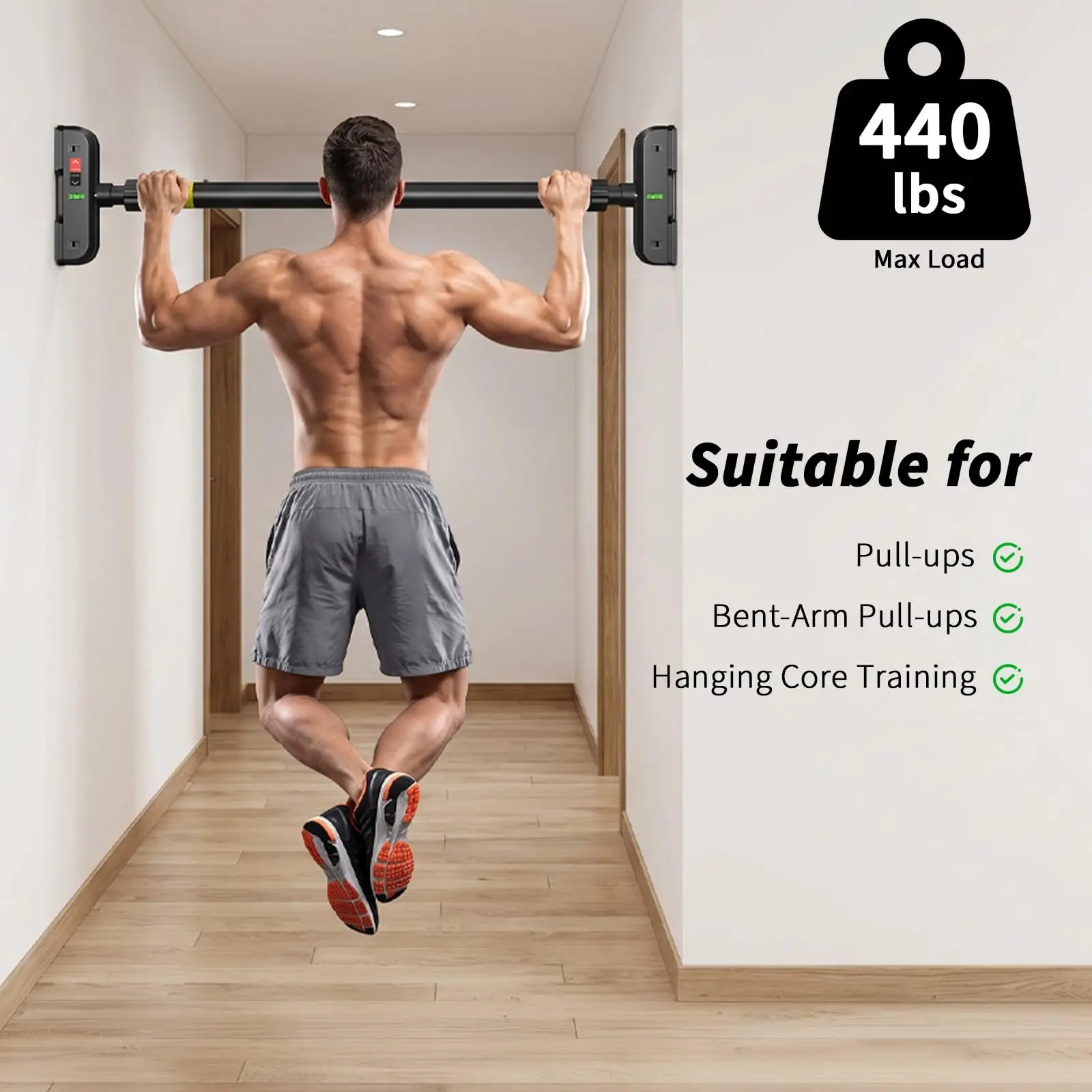 Pull Up Bar for Doorway, Door Frame Chin Up Bar No Screws, 440lbs Capacity | Adjustable 72-95 cm (28.3