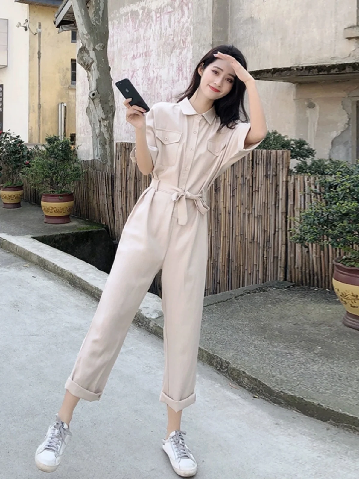 

Женский комбинезон цвета хаки для работы, весна-осень 2024, новая корейская версия, элегантный дизайн, омолаживающий эффект, цельный комбинезон-брюки