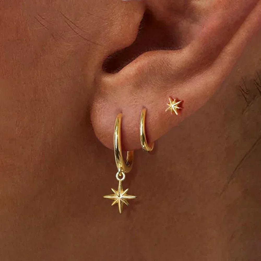 Juego de pendientes colgantes de estrella redonda de acero inoxidable para mujer, aretes colgantes chapados en oro de 18 quilates, joyería Punk Unisex Rock, 3 piezas