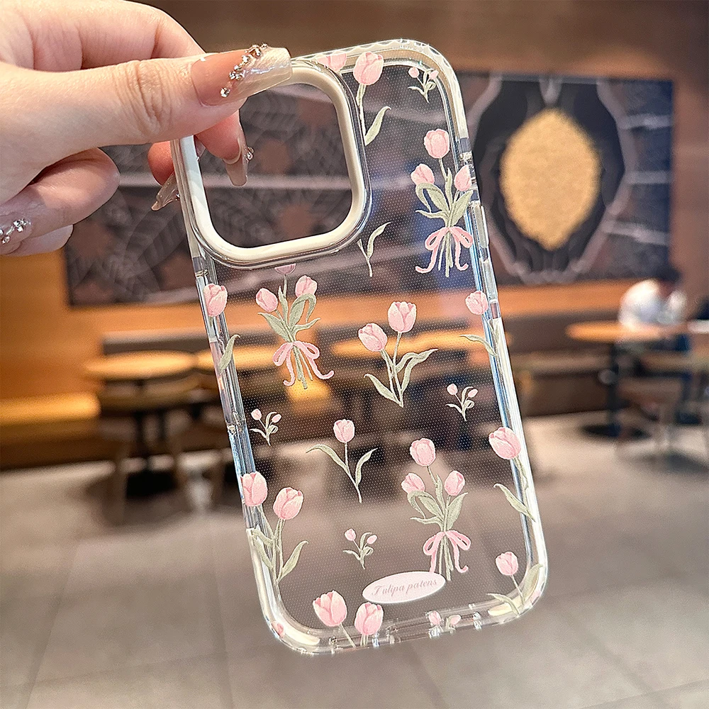 Stylish Pink Tulip Flower Pattern Cute Phone Cases for iPhone 17 16 15 14  13 12 Pro Max 16Pro Transparent Shockproof Case Cover - AliExpress 202192403