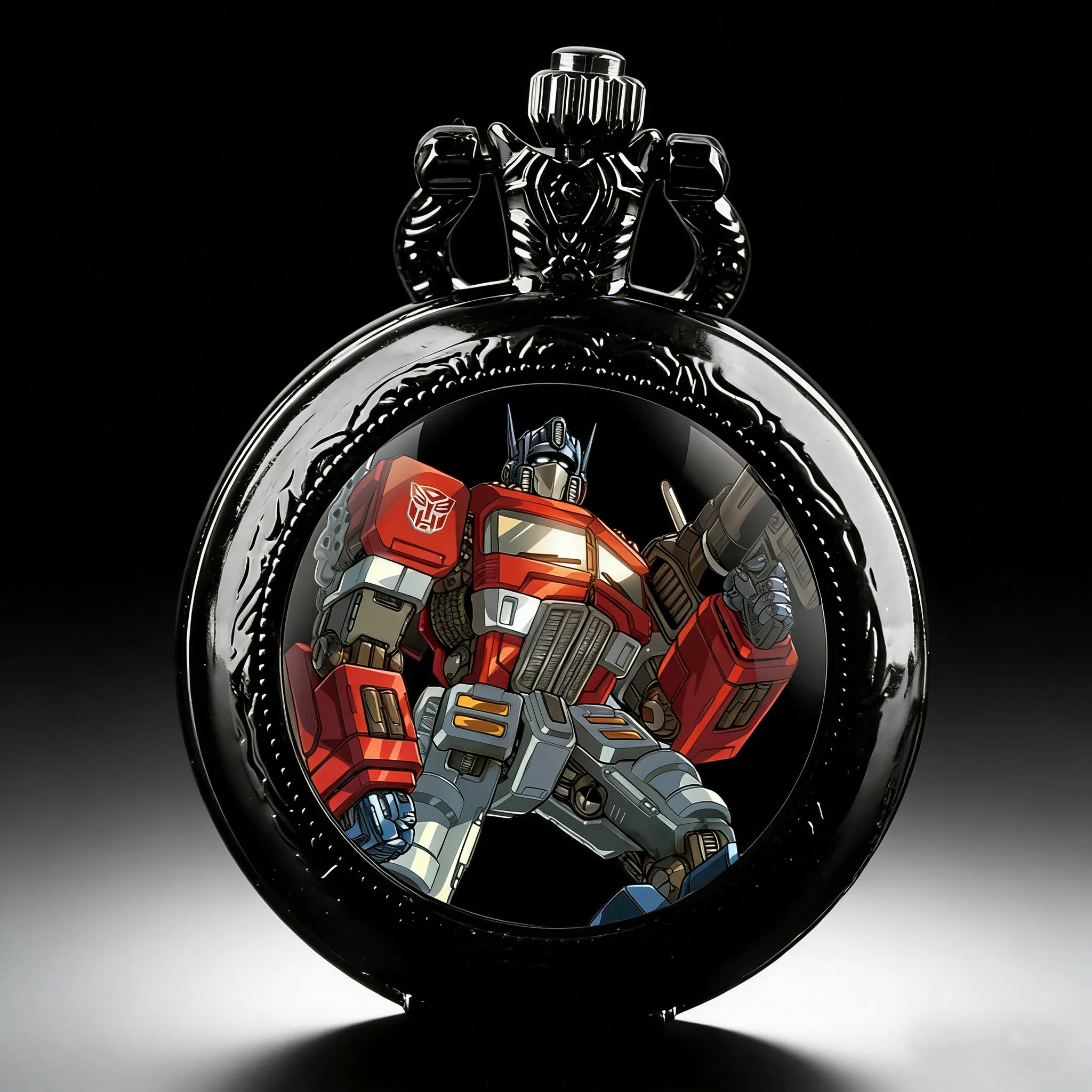 

Movie Theme Transformers Glass Dome Pocket Watch for Kids Gift Arabic Digital Dial Keepsake for Men Women Necklace Pendant Clock