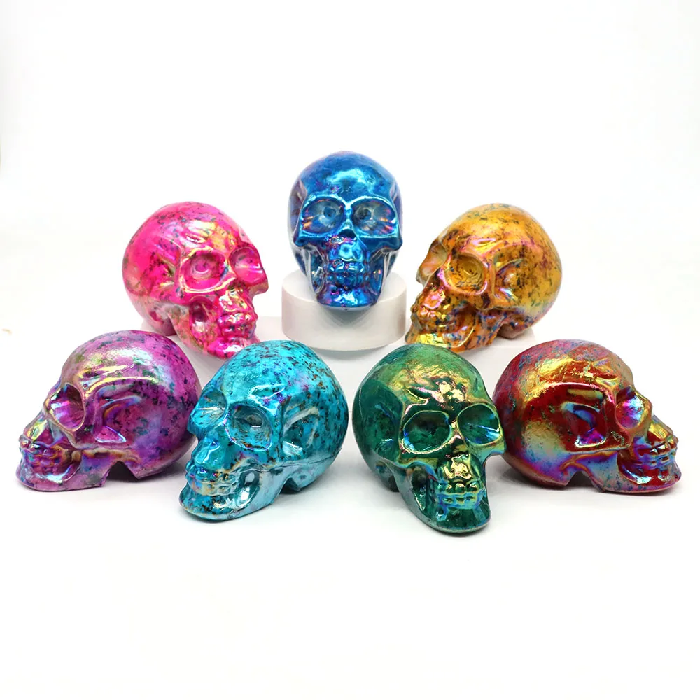 70mm Colorful Electroplating Skull Natural Stone Reiki Healing Crystal Hand Carved Crafts Plating Gemstone Home  Room Decoration